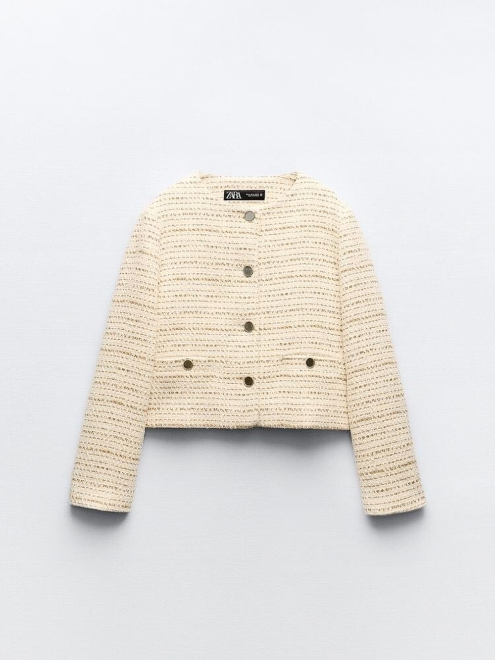 Zara Beige Tweed Cropped Jacket with Gold Buttons